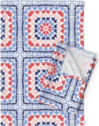 Granny Tea Towels | Set Of 2 - Square By Ilzelucero Crochet Patchwork Retro Blue Pink Linen Cotton Spoonflower