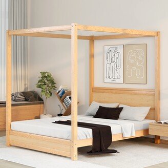 IGEMAN Queen Size Canopy Platform Bed with Headboard and Support Legs, Modern Design Solid Pine Wood Bedframe, Can Be Freely Decorated