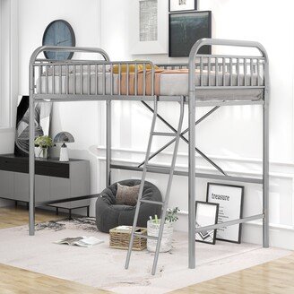 CTEX Twin Size Metal Loft Bed with Full-Length Guardrails, Metal Slats and Long Ladder, No Box Spring Needed