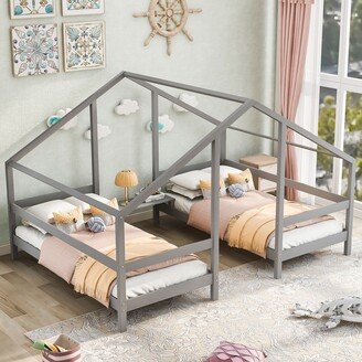 NINEDIN Twin Size Triangular House Beds w/Built-in Table,Wood House Beds Frames w/Canopy Triangular Room, Suitable for Kids & Teen, Grey