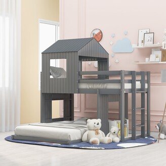 Calnod Wooden Twin Over Full Bunk Bed, Loft Bed with Playhouse, Gray