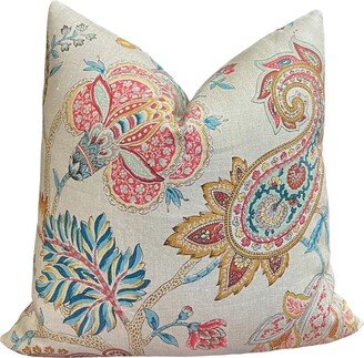 Sonnet Teal Coral Jacobean Floral Linen Pillow Cover | Decorative Multicolor Flora Accent Home Decor