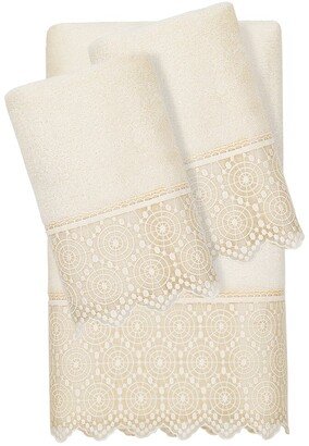 100% Turkish Cotton Arian 3Pc Cream Lace Embellished Towel Set-AI