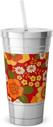 Travel Mugs: Vintage Flora - Red Stainless Tumbler With Straw, 18Oz, Orange