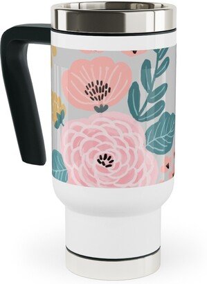 Travel Mugs: June Botanicals - Gray Travel Mug With Handle, 17Oz, Pink