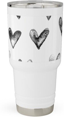 Travel Mugs: Watercolor Hearts - Black And White Travel Tumbler, 30Oz, Black