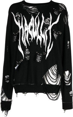 Distressed-Effect Logo-Print Wool Jumper