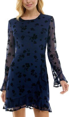 Juniors' Flocked Crewneck Long-Sleeve A-Line Dress - Navy/Black