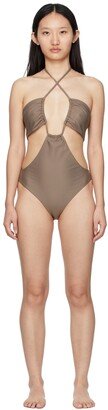 Taupe Drawstring Bandeau One-Piece Swimsuit