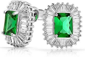 Bling Jewelry Deco Style Green Rectangle Cz Baguette Halo Simulated Emerald Cut Cubic Zirconia Stud Earrings