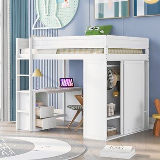 RASOO Pine Wood and MDF Loft Bed with Three-in-One Wardrobe, Desk and Storage, Modern Design