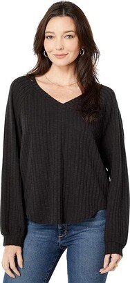 Dylan by True Grit Sweater Knit Easy V-Neck (Black) Women's Clothing