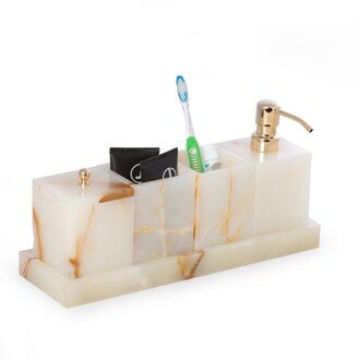 Vanity 5 Piece Marble Onyx Set with 2 Tumblers, 1 Canister with Lid, 1 Dispenser and 1 Tray