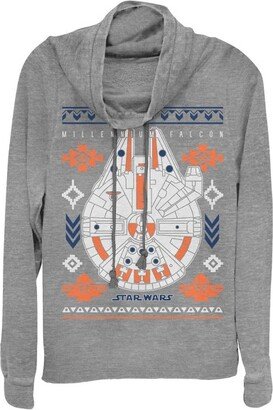 Juniors Womens Christmas Millennium Falcon Indigenous Print Cowl Neck Sweatshirt - Gray Heather - Medium