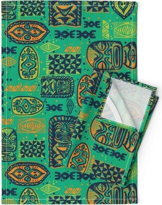 Vintage Style Tiki Tea Towels | Set Of 2 - Old School By Woodyworld Midcentury Mod Green Blue Linen Cotton Spoonflower