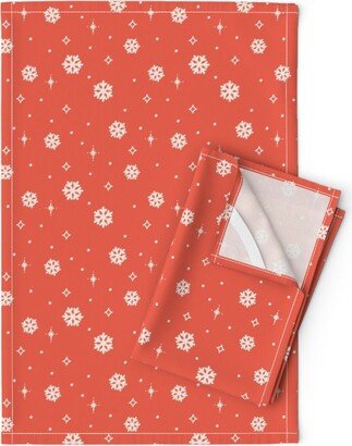 Red Holiday Tea Towels | Set Of 2 - Snowflakes & Sparkles By Roxanne Stewart Art Stars Linen Cotton Spoonflower