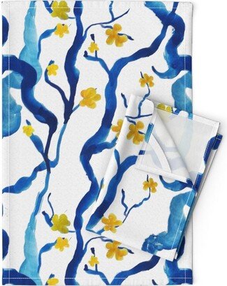 Chinoiserie Tea Towels | Set Of 2 - Blue & Yellow Plants By Belana Watercolor Handpainted Linen Cotton Spoonflower