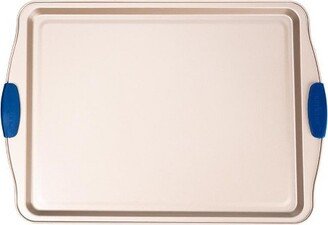 17” Non Stick Baking Pan, Large Gold Cookie Sheet with Blue Silicone Handles