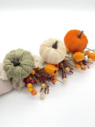 Knitted & Woven Pumpkin Napkin Rings With Orange, Beige & Green Sweater Pumpkins, Floral Fall Branches Leaves For Thanksgiving