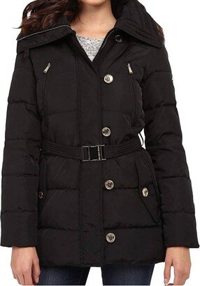 Fur Trim Hooded Down Coat in Black