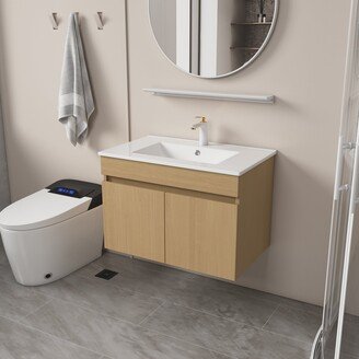 Jims Maison Plywood Wall-Mounted Bathroom Vanity Set in Light Oak with Integrated Ceramic Sink