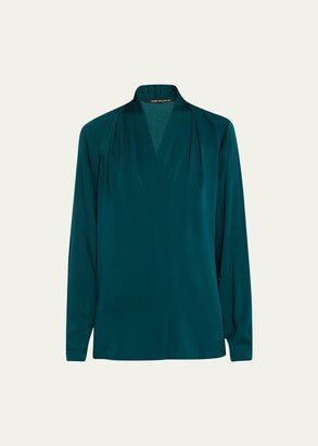 Nellie Pleated V-Neck Long-Sleeve Blouse