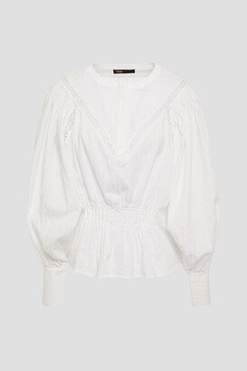 Lace-trimmed shirred cotton blouse