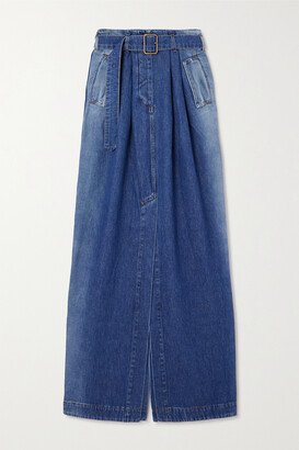 Belted Denim Maxi Skirt - Blue