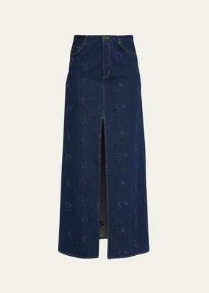 Front-Slit Embroidered Denim Maxi Skirt