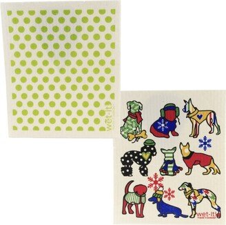 Wet It! Swedish Dish Cloth Green Dots & Christmas Dogs - Two Swedish Dishcloths 7.75 Inches - Eco Friendly - W1032*W446 - Cellulose - Off-White