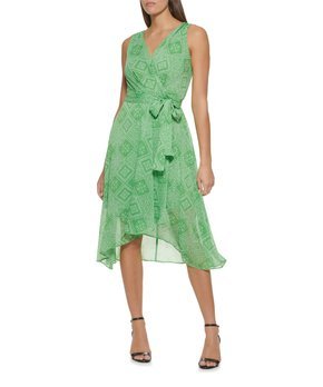 Green Geometric Tie-Waist Sleeveless Hi-Low Dress - Women & Plus