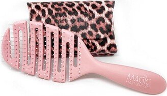 Magic Hair Brush Fashion Pink, Flexible & Vented For Detangling w/ Leopard Pink Storage Wallet - Pink/Leopard Pink