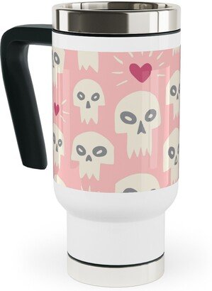 Travel Mugs: Skulls With Hearts - Pink Travel Mug With Handle, 17Oz, Pink