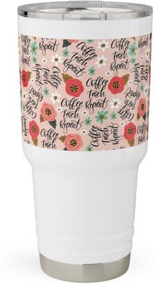 Travel Mugs: Coffee Teach Repeat - Floral - Pink Travel Tumbler, 30Oz, Pink