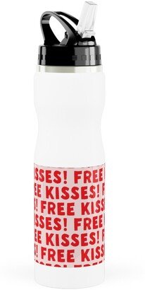 Photo Water Bottles: Free Kisses! - Red On Pink Stainless Steel Water Bottle With Straw, 25Oz, With Straw, Red