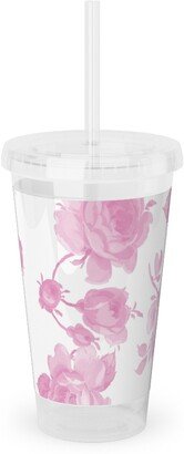 Travel Mugs: Saint Colette June Roses - Pink Acrylic Tumbler With Straw, 16Oz, Pink