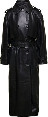 Black Double-breasted Trench Coat With Belt In Smooth Leather Woman-AA