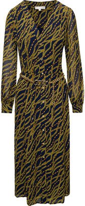 Black And Gold-tone Midi Shirt Dess With Chain Print All-over In Polyester Woman