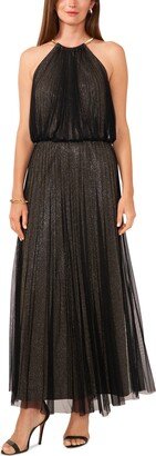 Petite Metallic Halter Blouson Pleated Gown