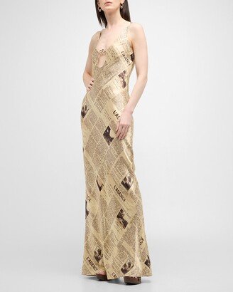 Yasmin Newspaper-Printed Chain Cutout Gown