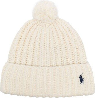 Cream Ribbed Beanie With Pony And Pompon