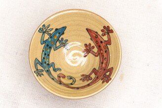 Ceramic Ring Bowl | Pottery Bowl Cereal Serving Fruit Soup Decorative Hand Painted Geckos