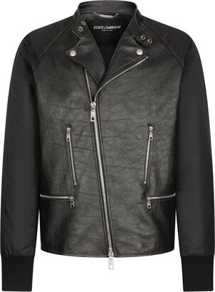 Contrasting-Sleeve Leather Biker Jacket
