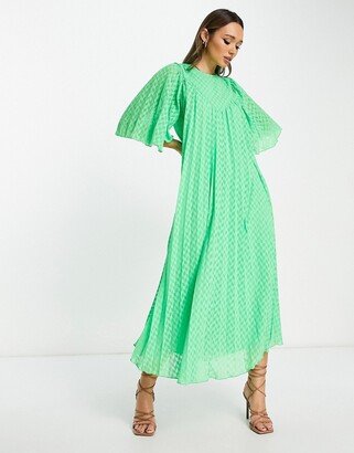 textured pleated midi dress with flutter sleeves and V detail in green