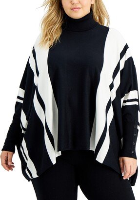 Plus Size Striped Poncho Sweater, Created for Macy's - Black/Cloud