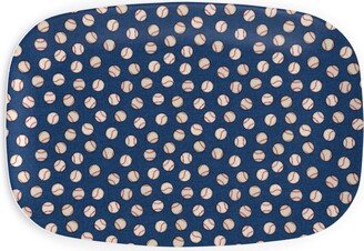 Serving Platters: Baseball Balls On Blue Linen Serving Platter, Blue