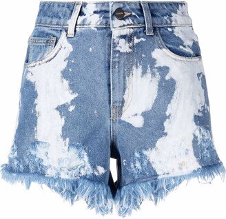 Fringed Distressed-Finish Denim Shorts