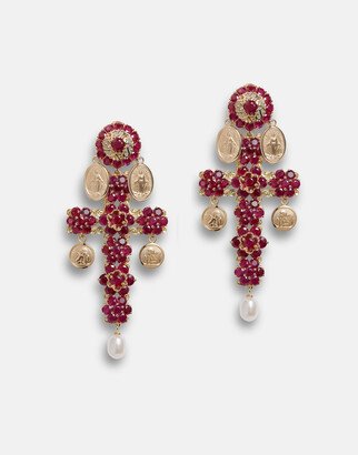 Family yellow gold cross pendant earrings with rubies