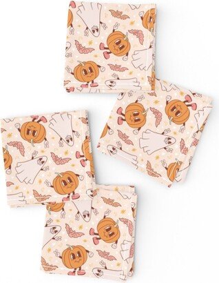 Retro Halloween Cocktail Napkins | Set Of 4 - Vintage Pumpkin & Ghost By Camilaprints Blush Orange Hippie Cloth Spoonflower