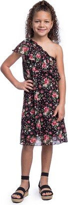 24seven Comfort Apparel 24seven Cofort Apparel Girls Black Floral One Shoulder Ruffle Knee Length Dress-MultiColor-M